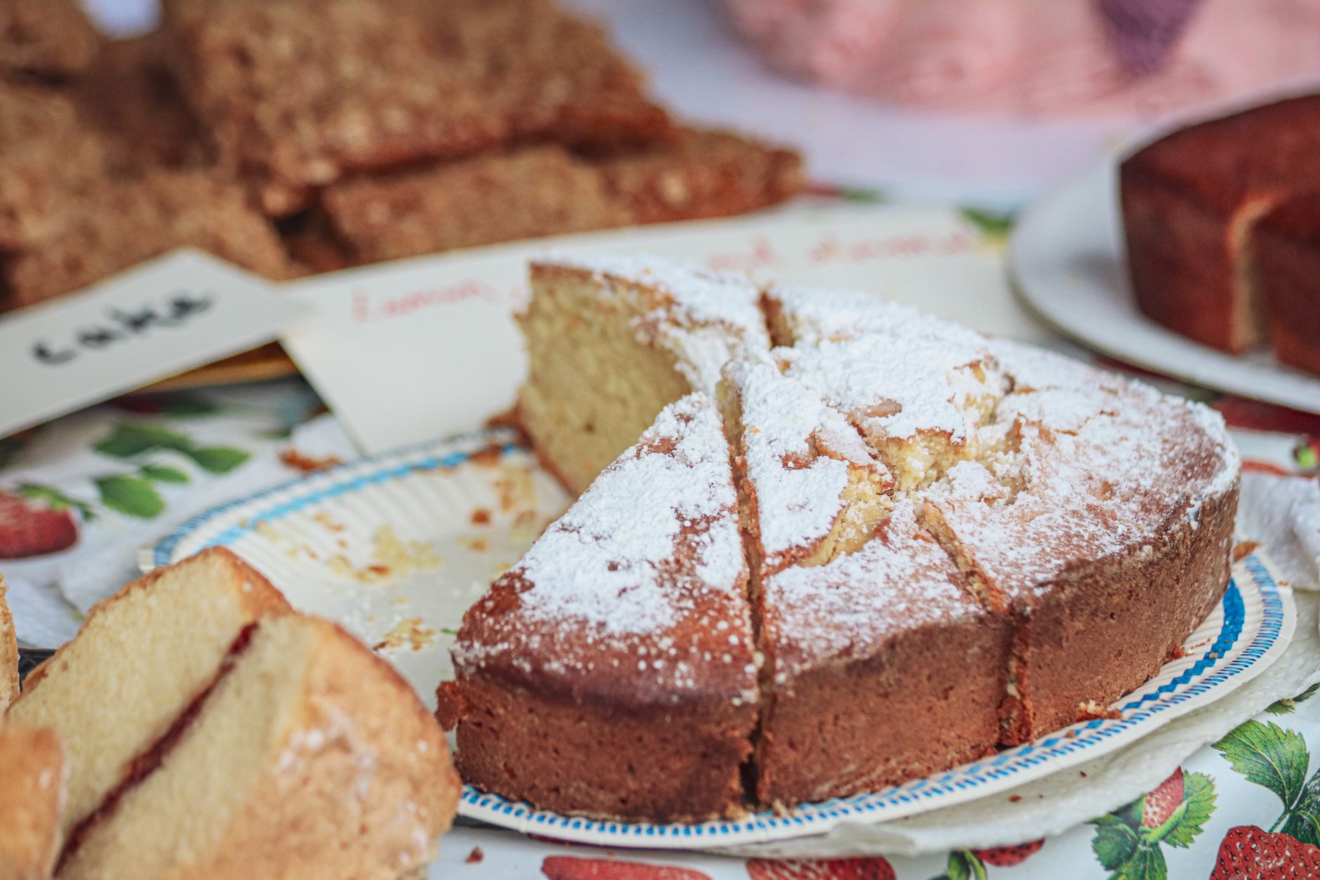 cut homemade sponge cake sprinkled with powdered sugar